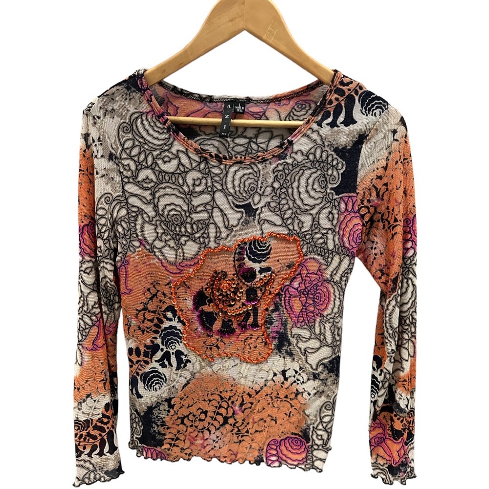 AZI Orange Embellished Floral Sheer Top size Large Y2K